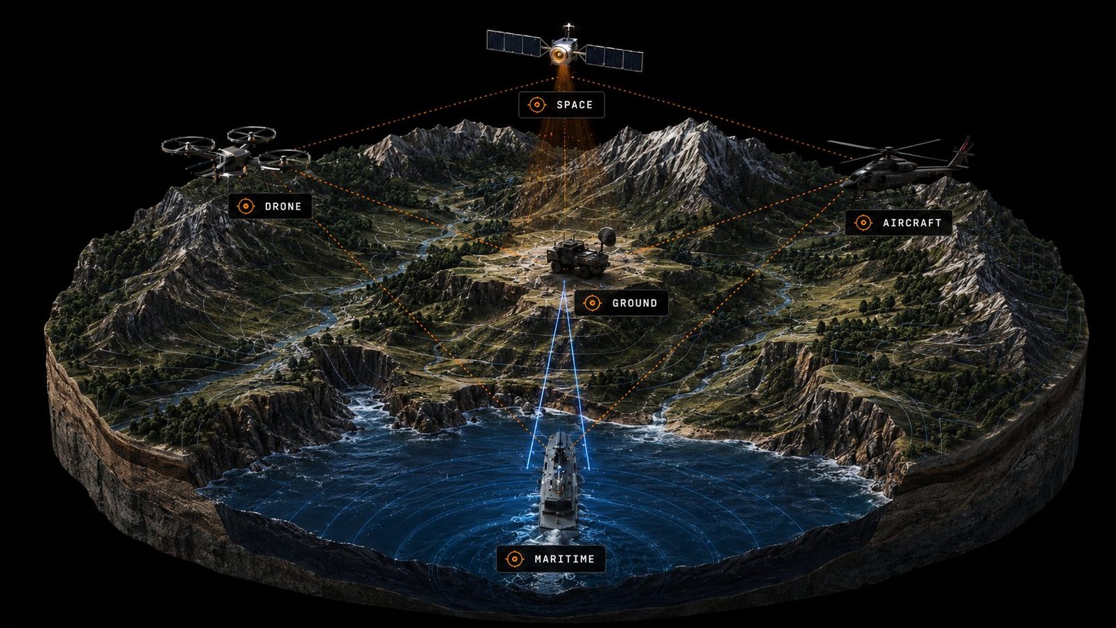 Cross-domain battlespace: drone, space, ground, aircraft, maritime nodes connected through the Valley mesh.